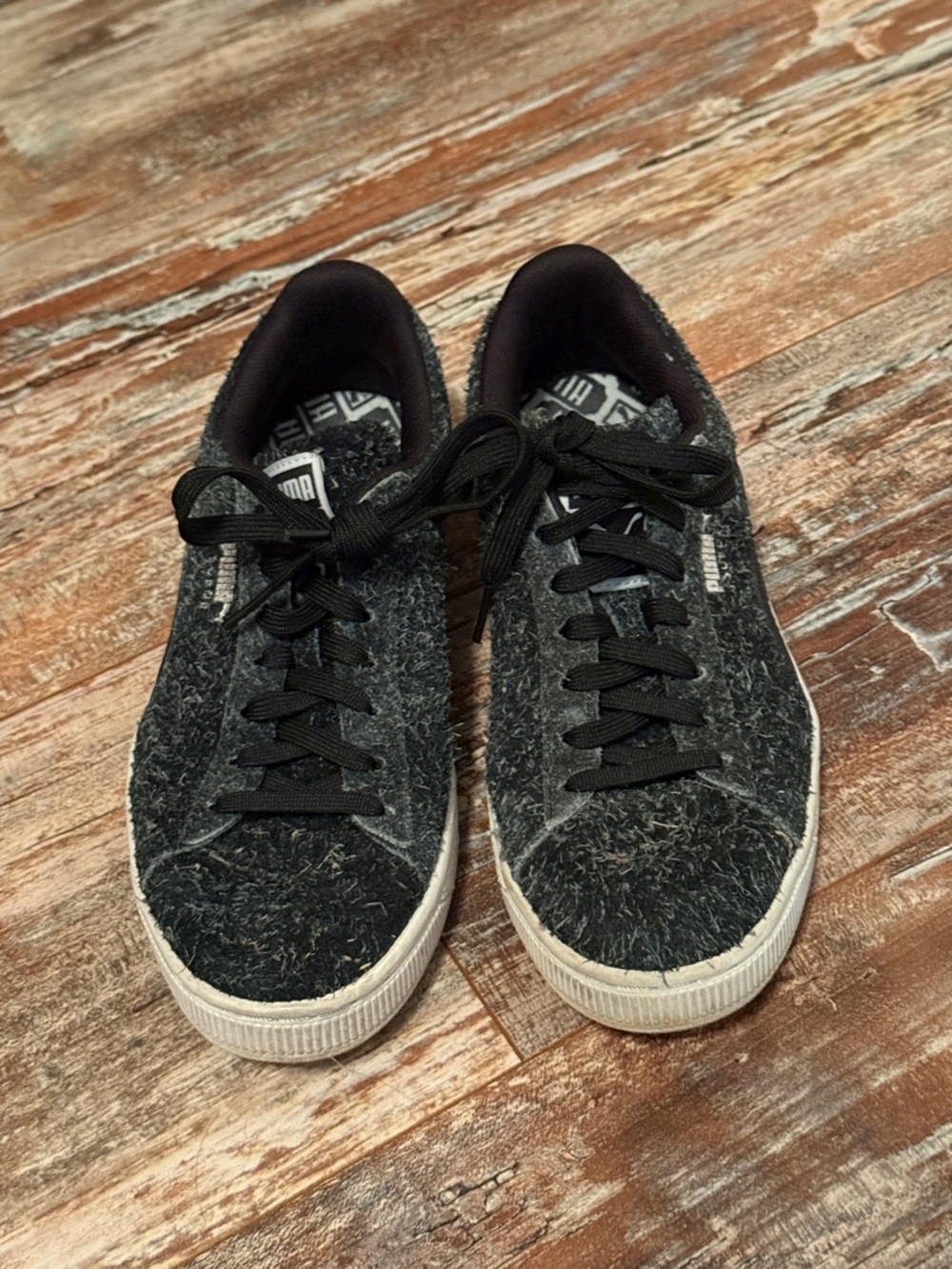 Puma Black Fuzzy Low-Top Sneakers with White Sole